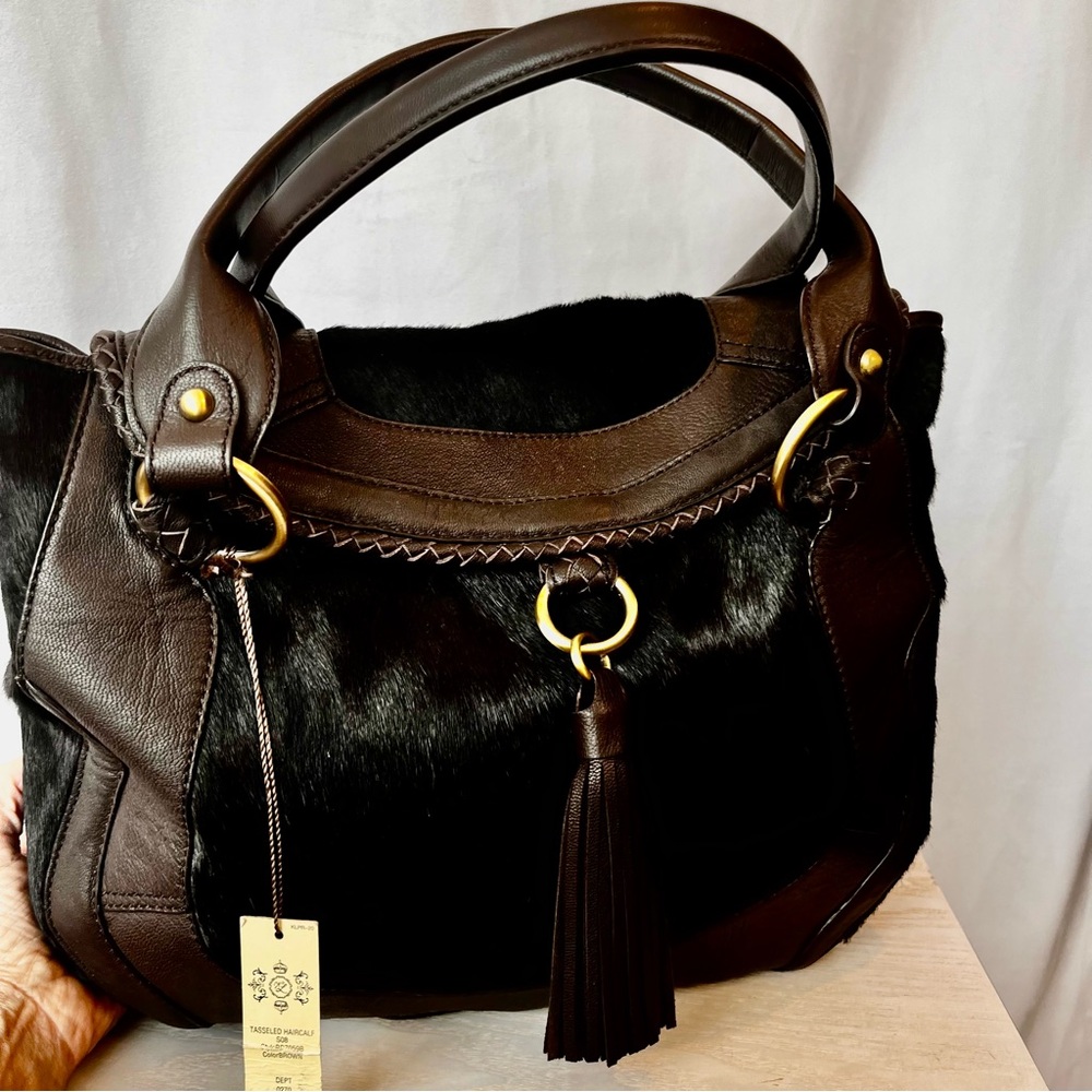 Kate Landry Dark Brown Leather & Fur Shoulder Bag with Tassel